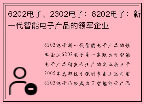 6202电子、2302电子：6202电子：新一代智能电子产品的领军企业